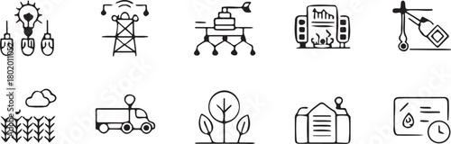 Eco-Friendly Farming: A collection of clean-lined icons portrays eco-friendly agriculture, symbolizing sustainable food production and environmental stewardship.