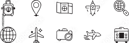 Travel Icons: A collection of travel-related icons, each meticulously crafted to represent key aspects of journey and exploration, beckoning viewers to embark on adventures.