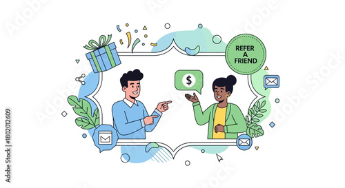 Refer a friend illustration with man, woman, gift, and money icon.