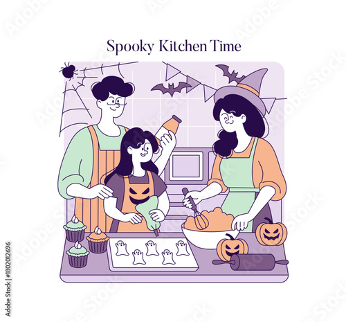 Halloween Baking Fun with Family Vector Illustration