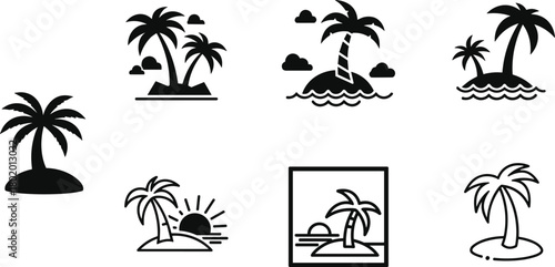 Collection of stylized tropical palm tree island icons and illustrations