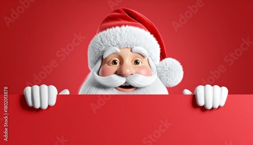 Playful Santa Claus Peeking Over Red Panel on Crimson Background

