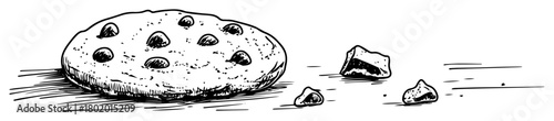chocolate chip cookie and crumbs vector sketch fine lines in ink engraving style