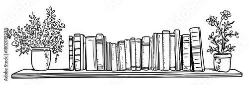 bookshelf with potted plants vector sketch fine lines in ink engraving style