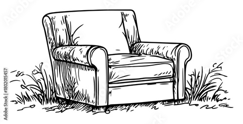 comfy armchair in grass hand drawn vector sketch fine lines in ink engraving style