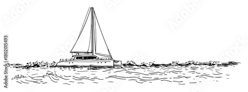 sailboat in water vector sketch fine lines in ink engraving style