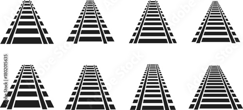 Multiple perspectives of black and white railway tracks leading into the distance