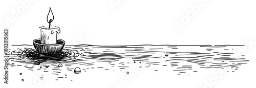 candle floating on water vector sketch fine lines in ink engraving style