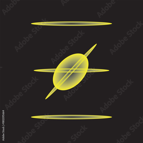 Abstract glowing yellow elliptical shape with horizontal lines against a black background