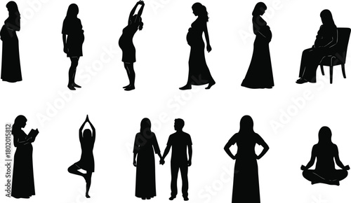 Pregnant woman silhouette collection, maternity yoga, reading, meditation, expecting mother poses, prenatal family support illustration for pregnancy and motherhood design