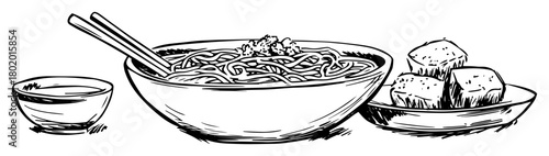 noodles with tofu in bowl hand drawn doodle sketch vector black shape