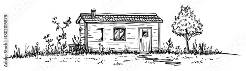 country house cottage with garden hand drawn doodle sketch vector black shape