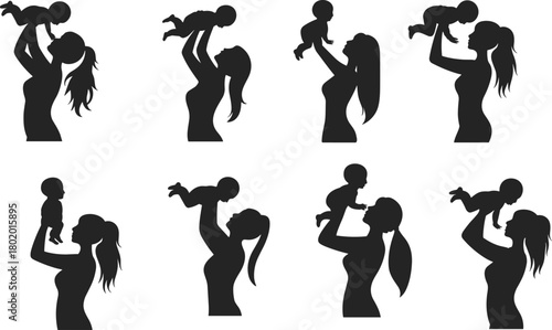 Mother and baby silhouette collection, loving mom lifting child, family parenting illustration, maternal love graphic for Mother’s Day design