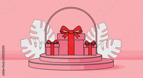 Festive pink gift boxes arranged on a tiered display stand with decorative leaves, celebrating a special occasion.