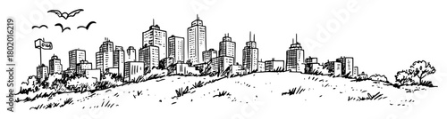 city skyline with skyscrapers hand drawn doodle sketch vector black shape