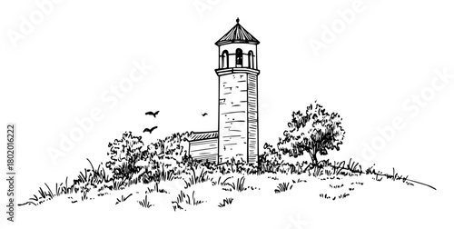 old tower building on hill hand drawn doodle sketch vector black shape