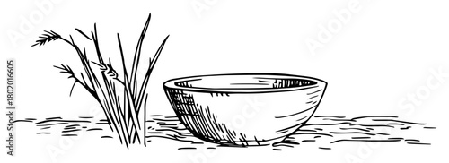 ceramic bowl with grass hand drawn doodle sketch vector laser engraving