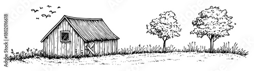 old wooden barn and trees hand drawn doodle sketch vector laser engraving