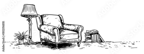 classic armchair with floor lamp hand drawn black and white doodle vector sketch shape