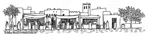 arabic street market scene hand drawn black and white doodle vector sketch shape