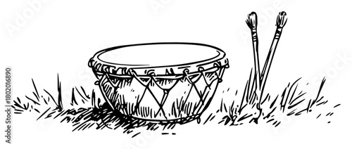tribal drum hand drawn black and white vector illustration