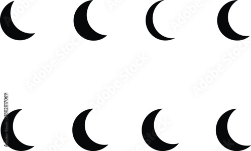 Eight crescent moon shapes on a white background
