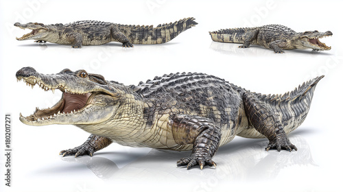 Set of alligator or crocodile poses with open mouth, isolated on white background