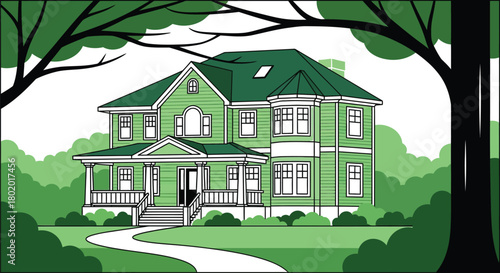 Charming green suburban house nestled amongst lush trees on a sunny day.