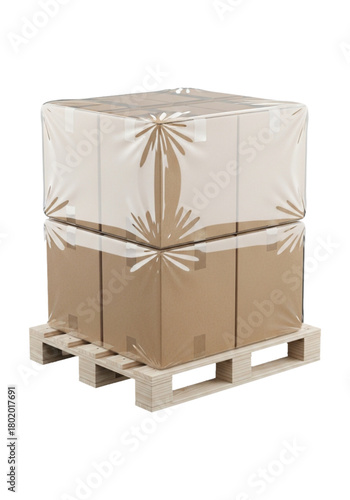 Wrapped cargo boxes on wooden pallet, isolated on transparent background.