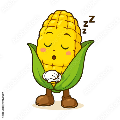 A cartoon mascot corn sleeps peacefully now