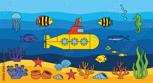 Playful yellow submarine explores a vibrant coral reef with diverse marine life.