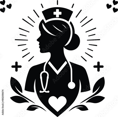 Nurse Silhouette Illustration with Stethoscope – Medical Healthcare Worker vector Design.