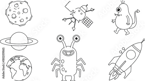 Whimsical line art collection of planets, aliens, and a rocket ship for space adventures.