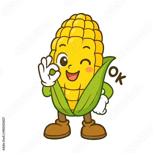 Cartoon corn mascot winks and gives OK hand