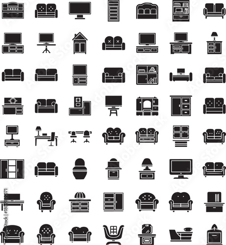 Set of furniture vector icon silhouettes: sofa, cabinet, tables, and home appliances.
