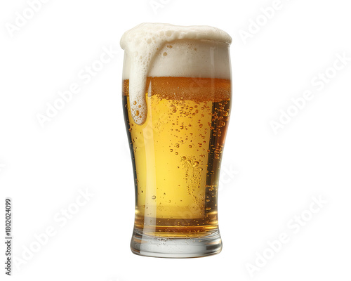 Pint glass of golden beer with frothy head
