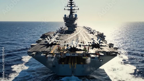Aircraft carrier sails across the ocean with warships and fighter jets, showcasing military might and defense in action