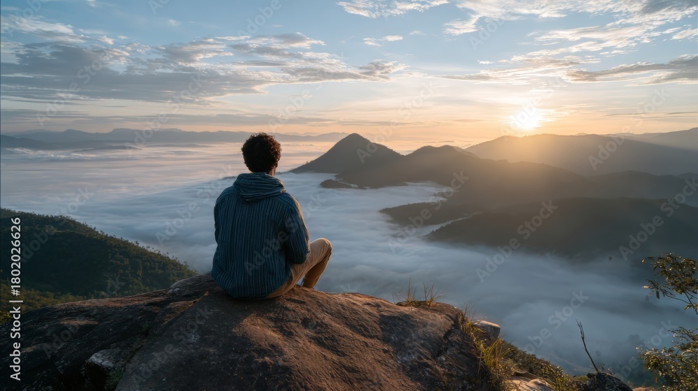 Obraz premium A solo traveler sits on a rock, admiring stunning mountains bathed in the soft light of a winter sunrise