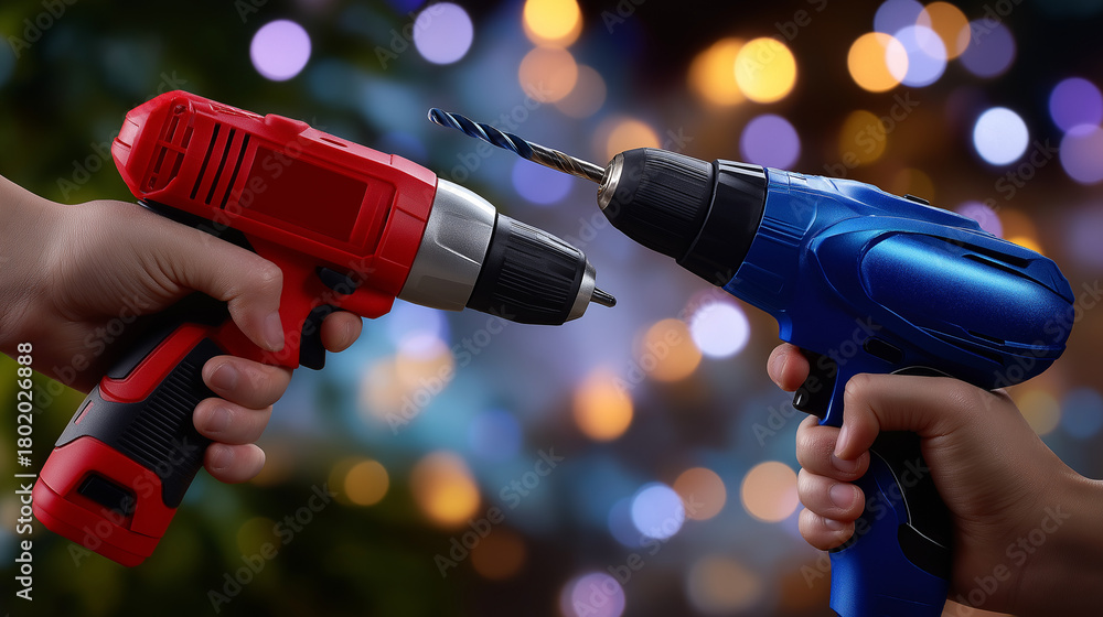 Fototapeta premium Faceless scene where hands lift a red drill while a blue drill rests nearby, background bokeh and soft blur, hand-painted rendering, frosted polycarbonate look, non-branded icon pa