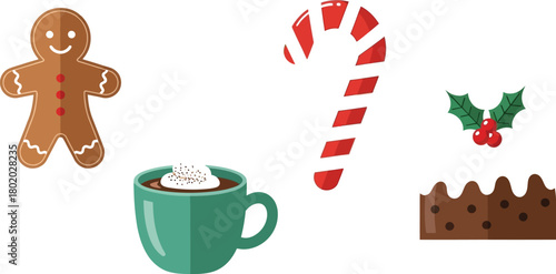 A delightful array of christmas treats, including a gingerbread man, candy cane, hot chocolate, and christmas pudding, , perfect for holiday designs