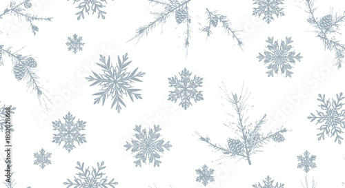 Seamless winter pattern with snowflakes and fir branches, creating a festive and elegant backdrop for holidaythemed designs and decorations