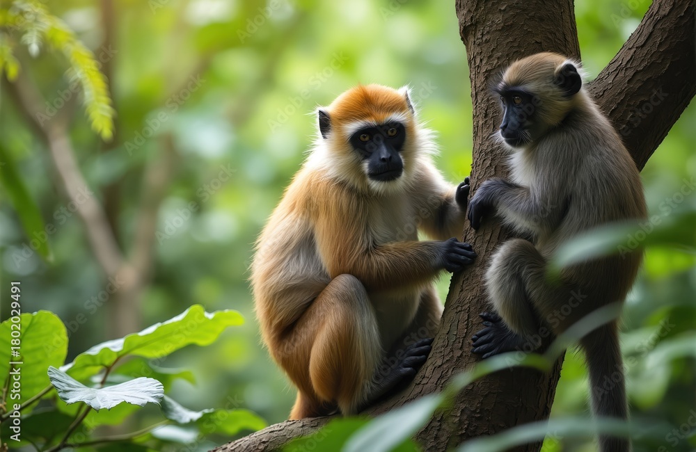Fototapeta premium Two monkeys, one with golden fur and dark face, another grey, sit on tree branch. Jungle foliage green background. Wildlife animals rest. Natural habitat scene.