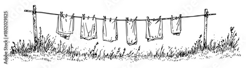 hand drawn clothesline with laundry