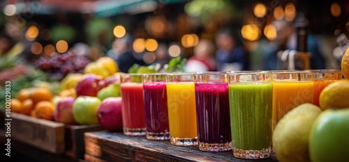 Colorful Fresh Fruit Juices at an Outdoor Market Stall.