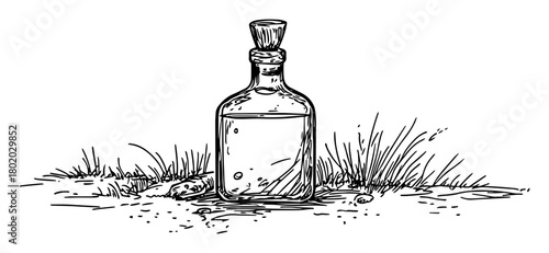 old glass bottle in grass sketch