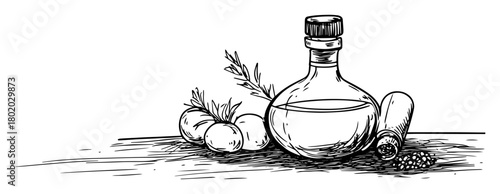 olive oil bottle with herbs sketch
