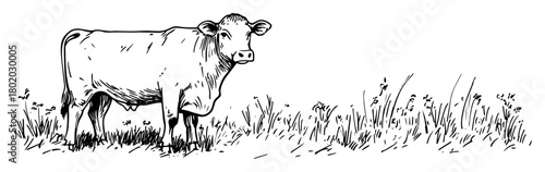 young cow standing in field sketch