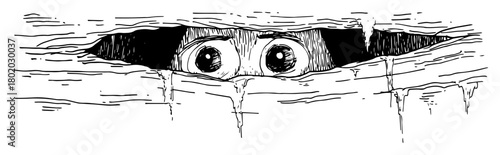 peeking eyes through cracked wood sketch