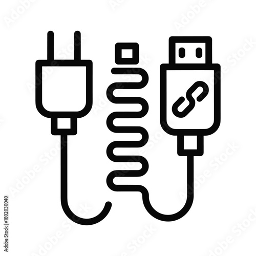 Line art icon of a usbc cable with a coiled cord and two different plugs
