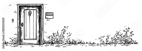 vintage front door with bushes sketch